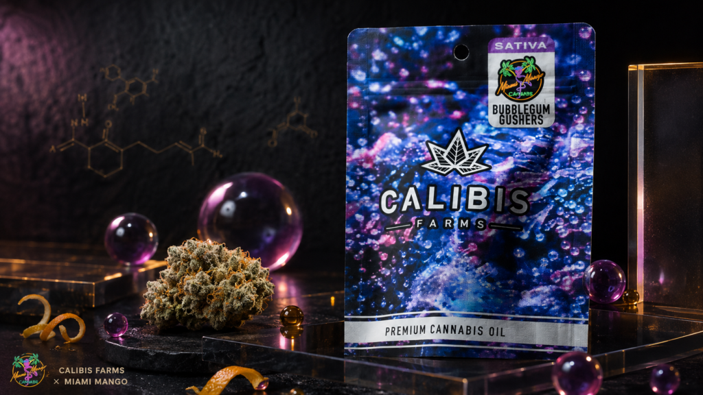 Bubblegum Gushers strain packaging from Calibis Farms and Miami Mango