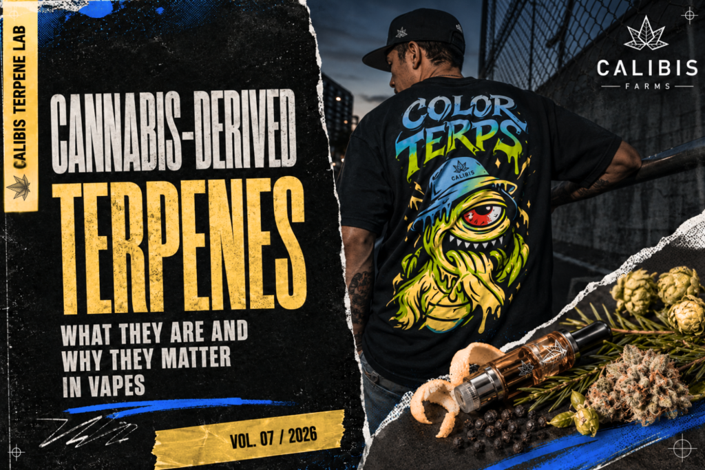 Calibis Farms cannabis vape products surrounded by cannabis flower, citrus, pepper, hops and pine—ingredients that represent the diverse aroma profiles associated with cannabis-derived terpenes