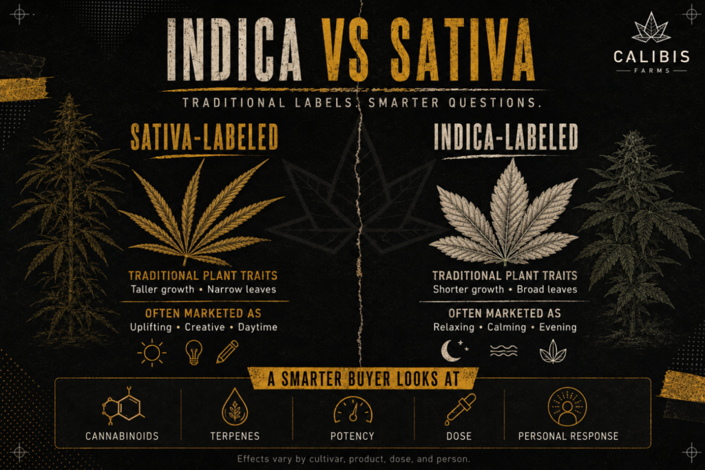 Sativa and indica plant comparison showing height, leaf shape, climate, and flowering cycles.