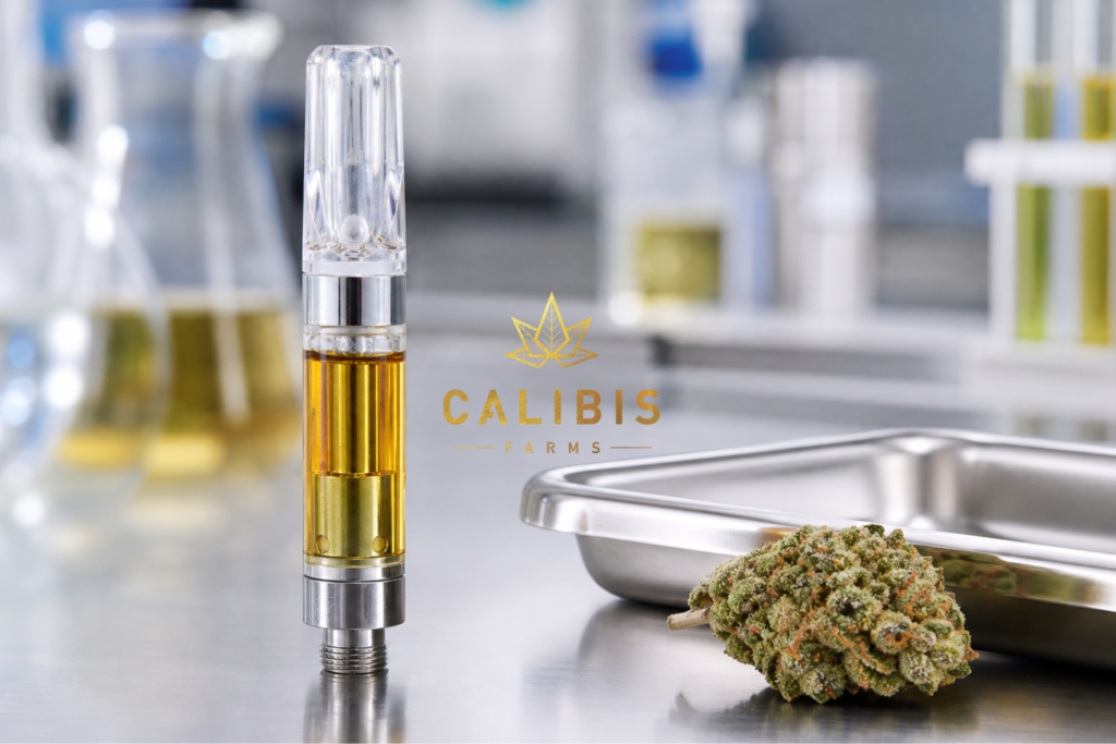 Cannabis vape cartridge with clear golden oil in a testing laboratory