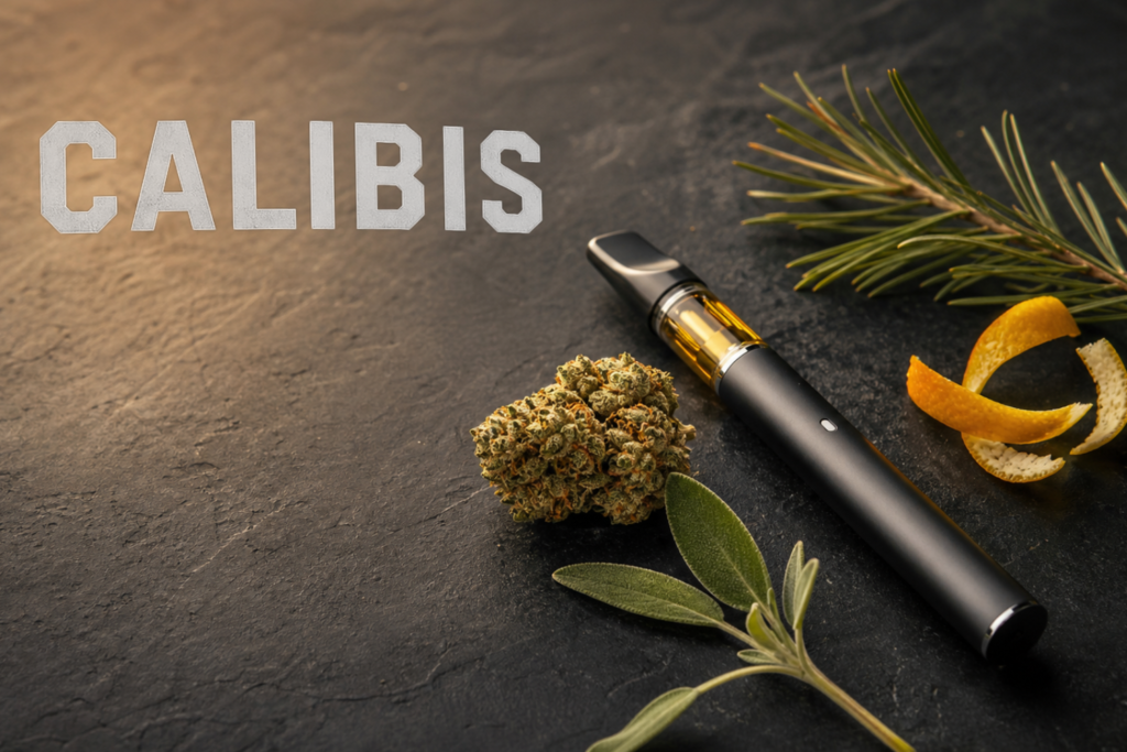 Cannabis vape guide featuring a premium vape pen, cannabis flower, citrus peel and pine needles